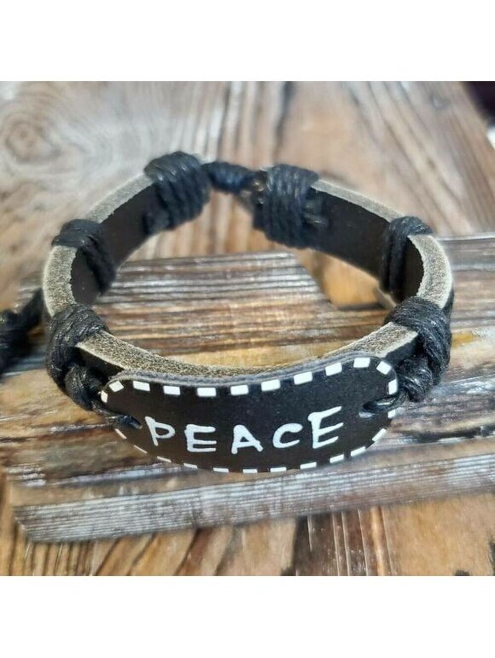 Hand Crafted Leather Peace Affirmation Bracelet Black White Adjustable